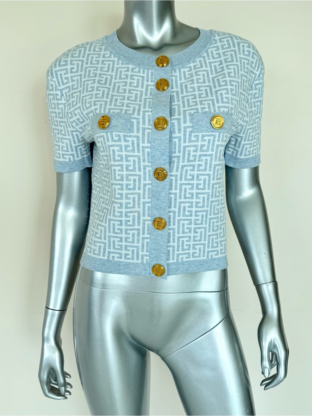 BALMAIN women jacquard blue top size 42IT or 6US Authentic Retail 1200$